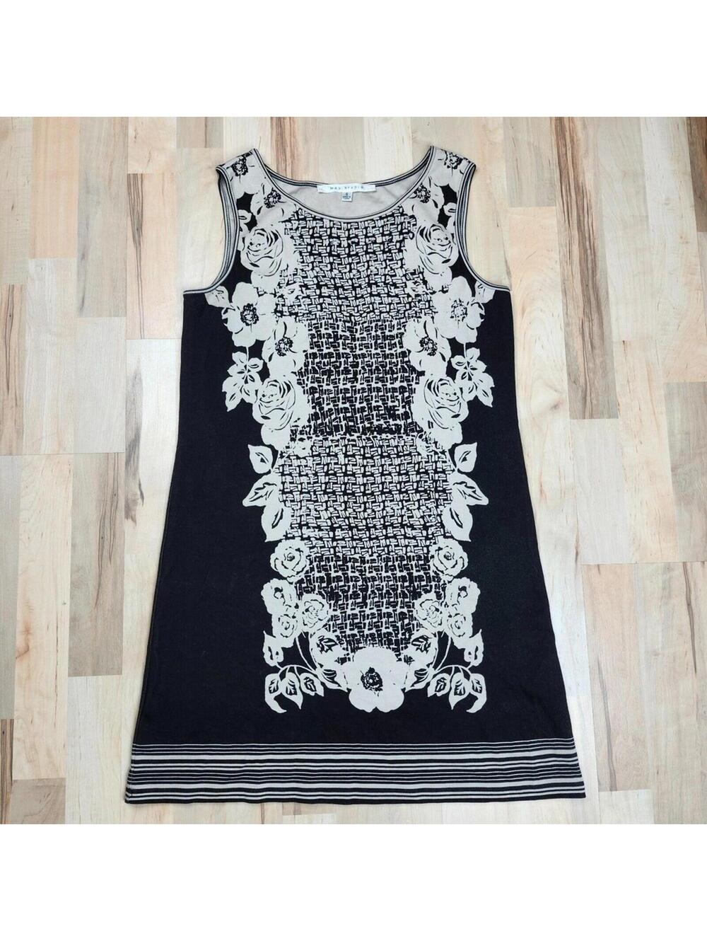 Max Studio Black & Cream Sleeveless Shift Dress Floral Panel Size S